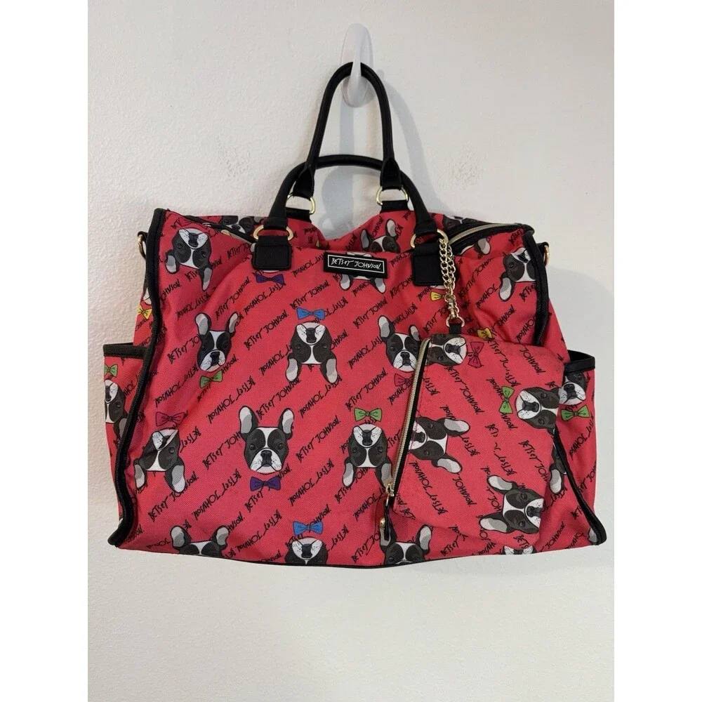 BETSEY JOHNSON Bag Iconic Bulldog Large Duffle +Card/Coin  Wallet Pink EUC